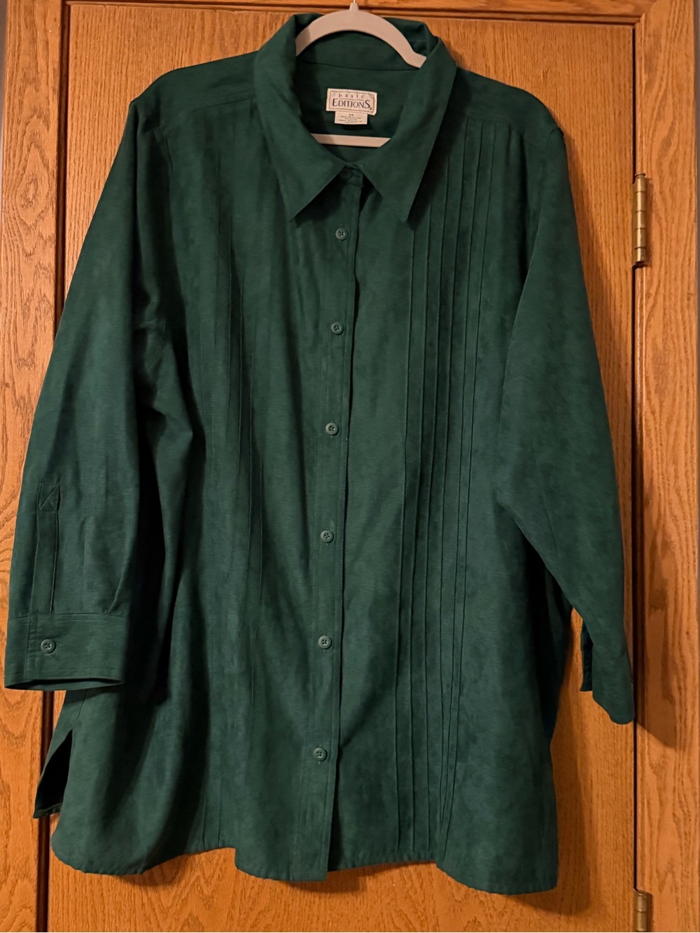 Basic Editions Vintage Faux Suede Dark Green Pintuck Button-Front Jacket